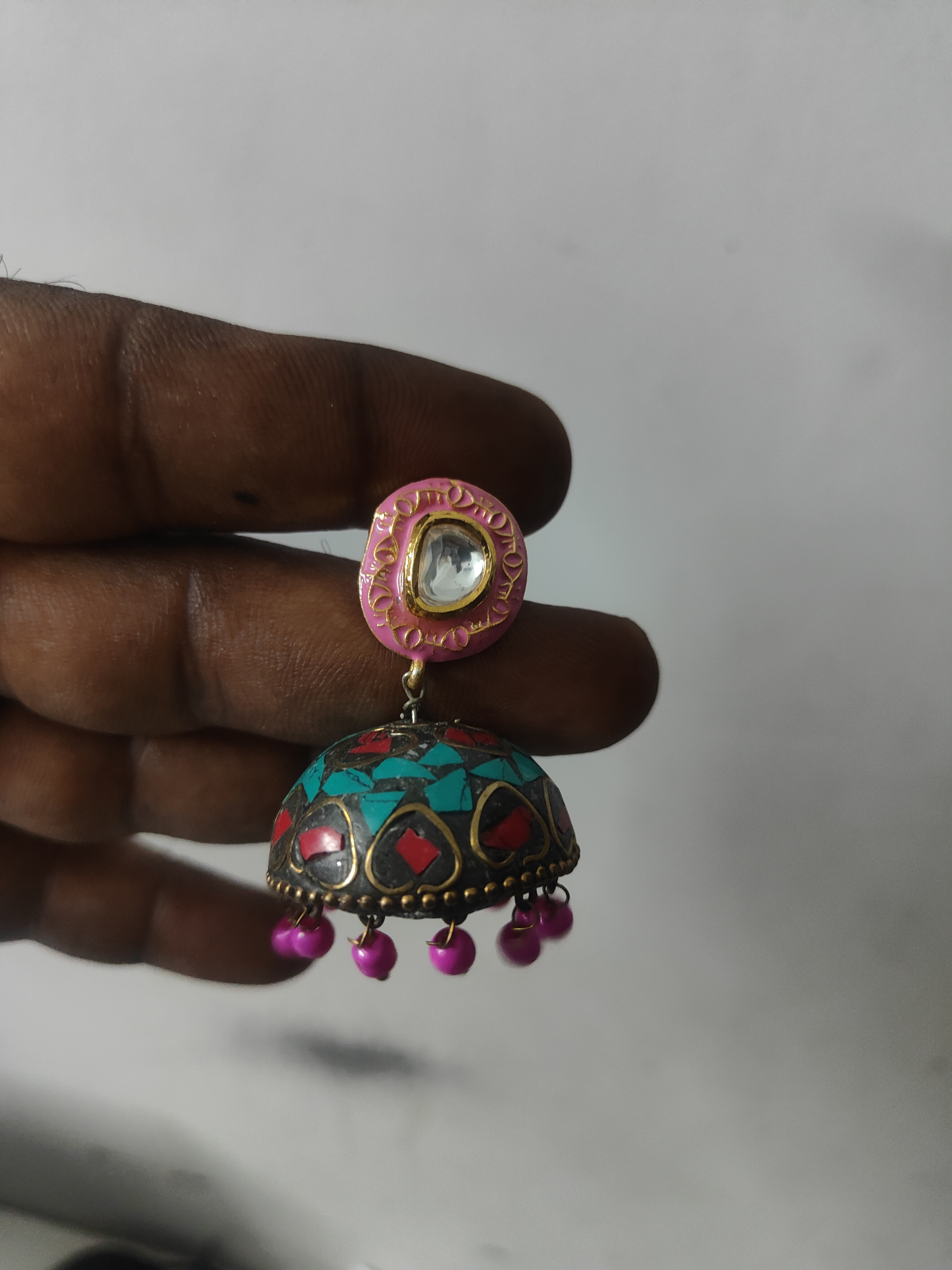 Traditional Meenakari Jhumka Earrings in Pink and Turquoise
