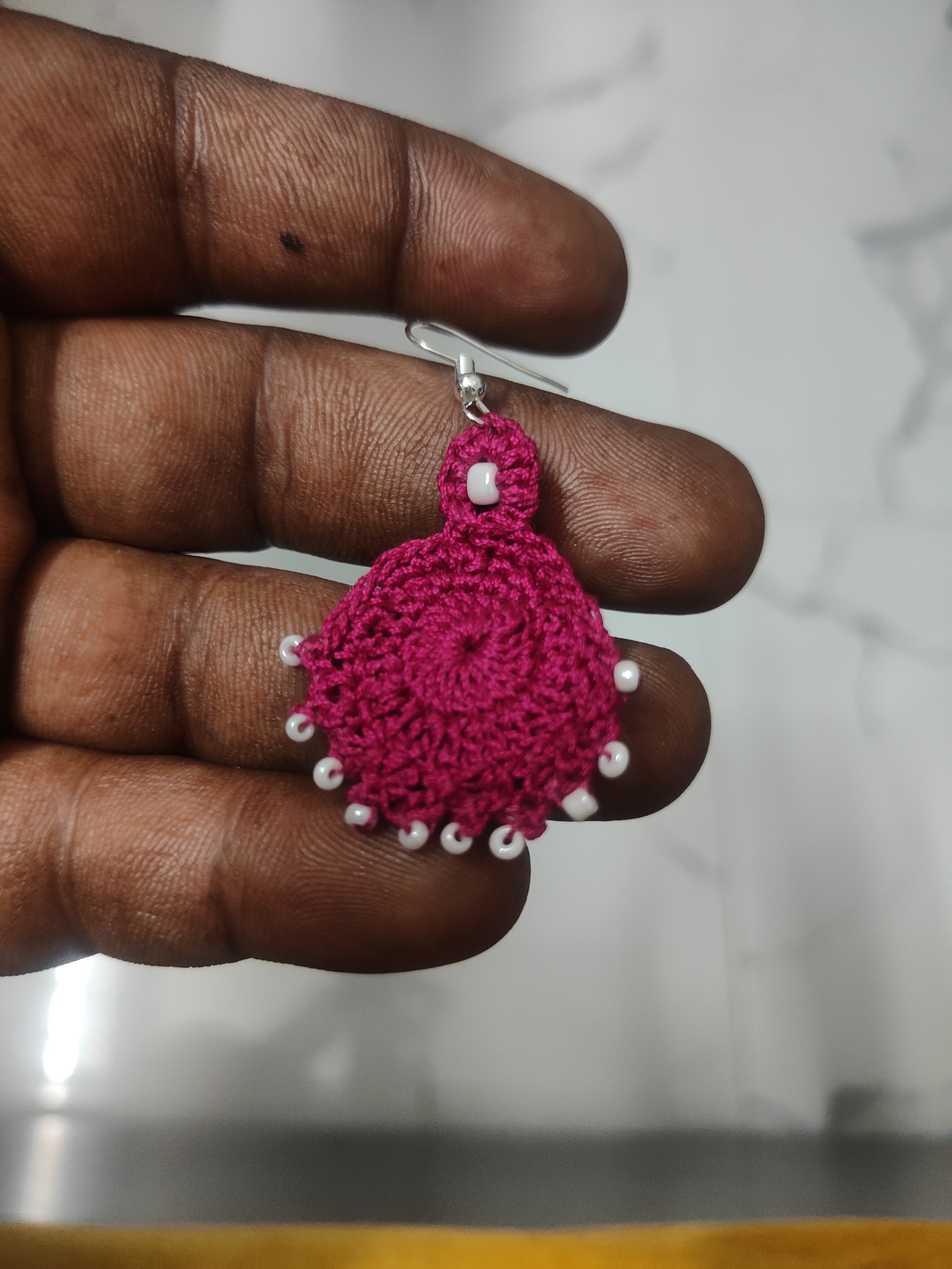 Magenta Fan Crochet Earrings with White Beads