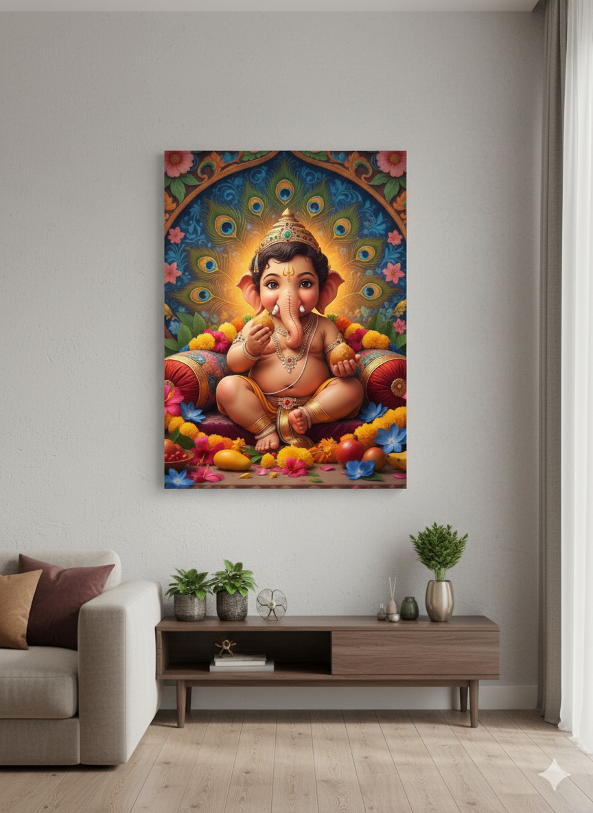 Bal Ganesha cute wall poster displayed in a brightly lit room