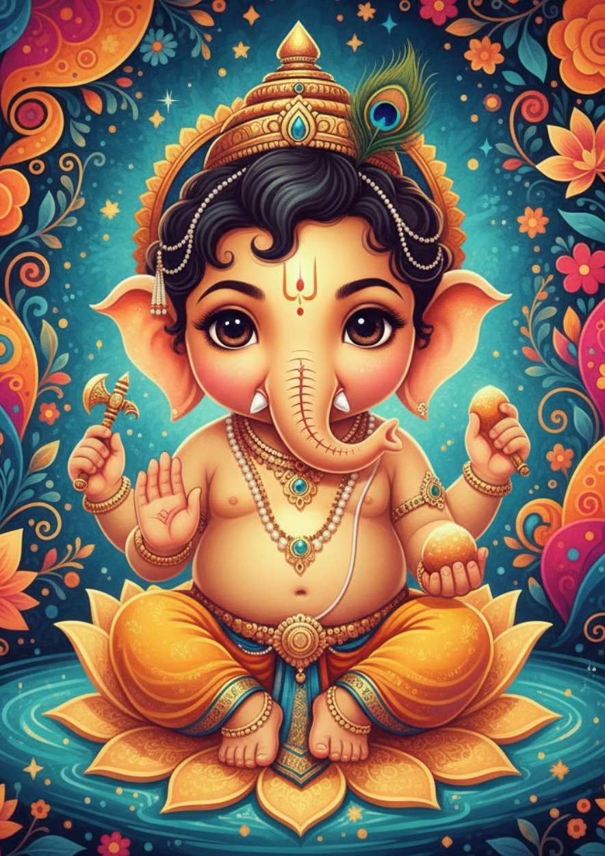 Colorful Baby Ganesha Lotus Throne Poster