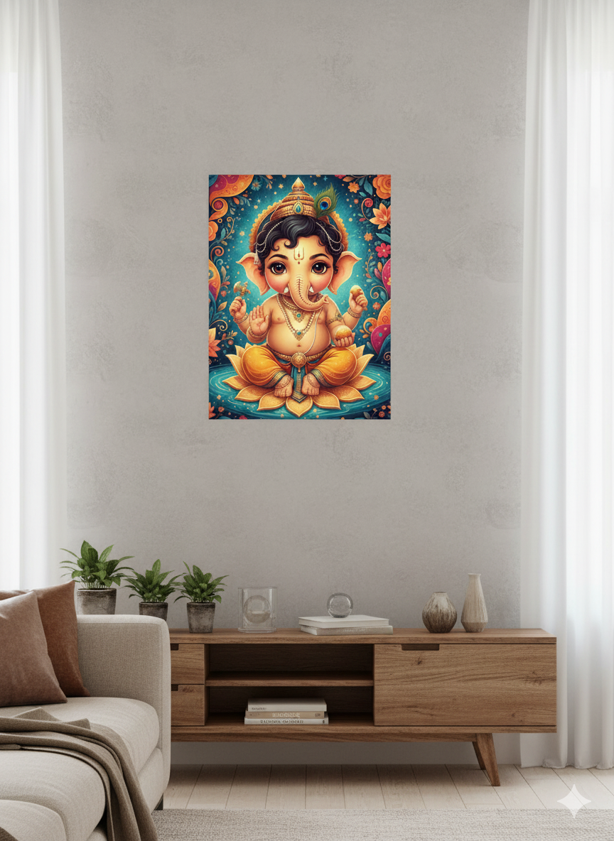 Colorful Baby Ganesha poster displayed in a bright and playful room