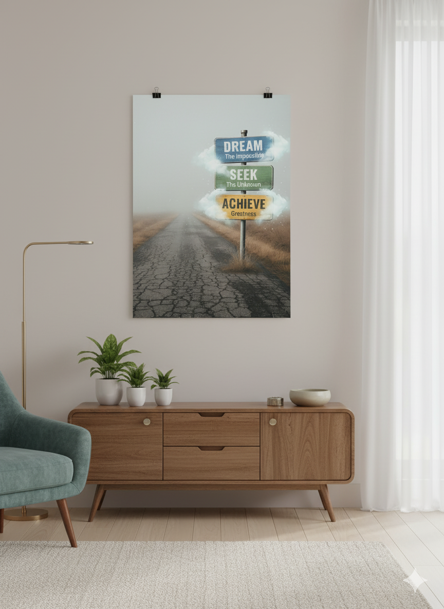 Inspirational poster with Dream Seek Achieve text in a modern room setting