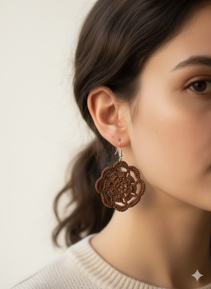 Handmade Brown Crochet Floral Mandala Earrings