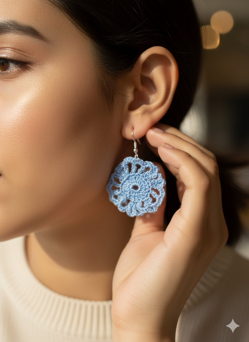 Light Blue Hand Crocheted Mandala Boho Earrings