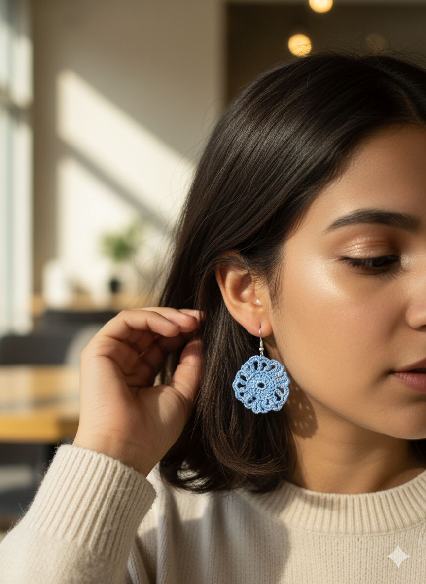 Side view of Light Blue Hand Crocheted Mandala Earrings