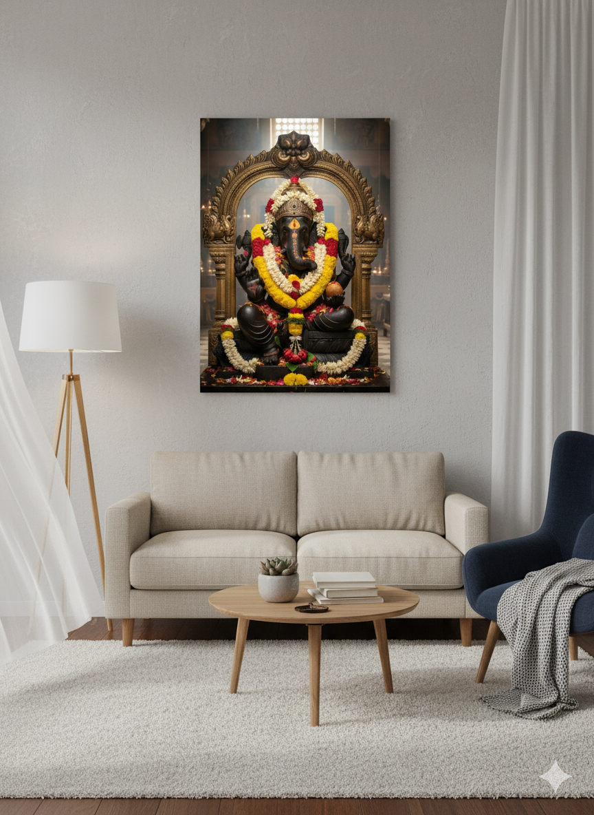 Lord Ganesha Divine Blessings poster displayed in a meditation or prayer room