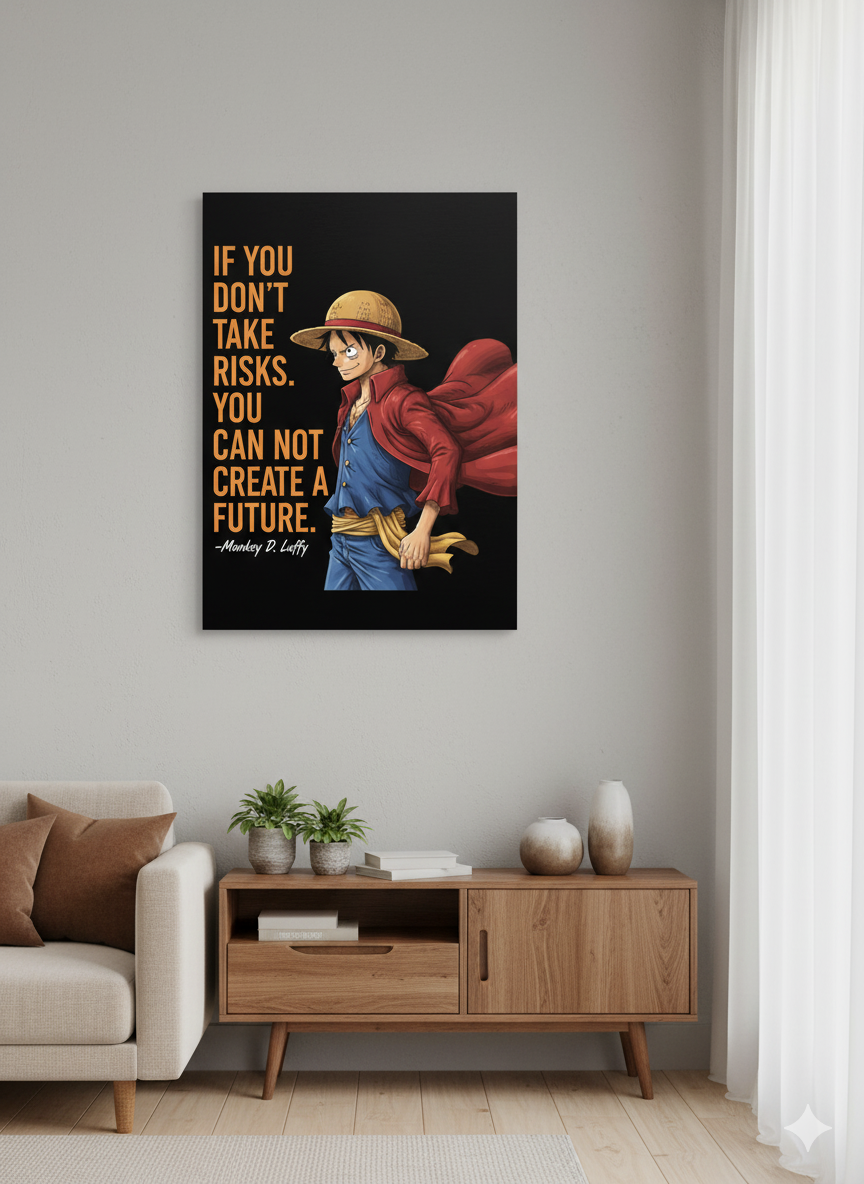 Luffy take risks quote poster displayed in a gaming room