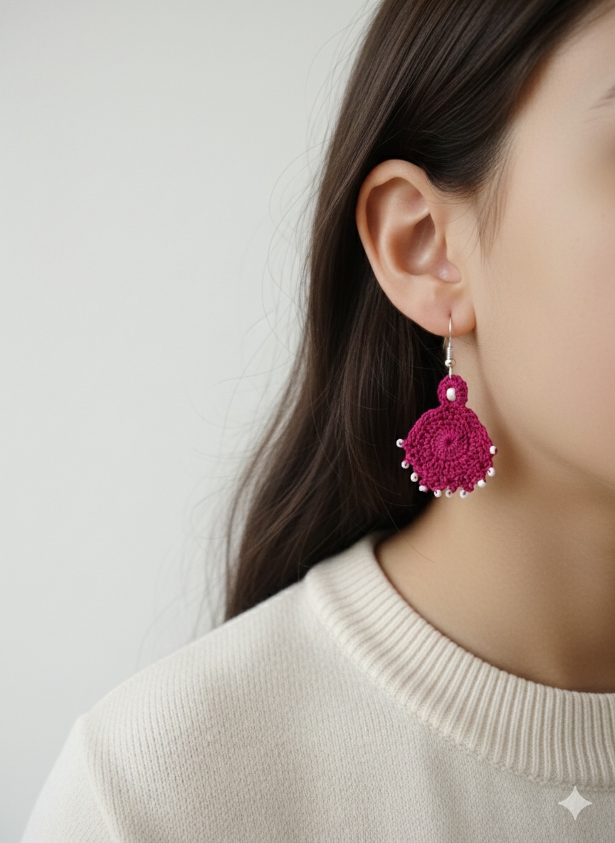 Magenta Fan Crochet Earrings with White Beads
