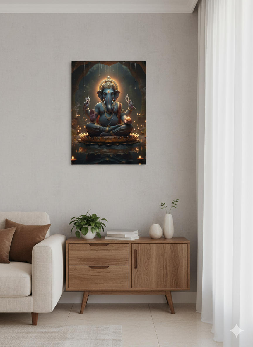 Meditating Lord Ganesha poster displayed in a calm, spiritual setting