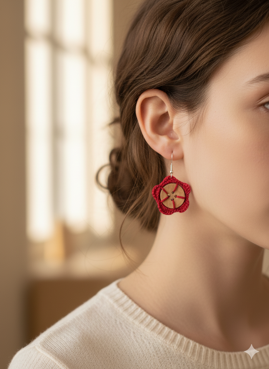 Artisanal Red Crochet Flower Earrings with Wooden Button