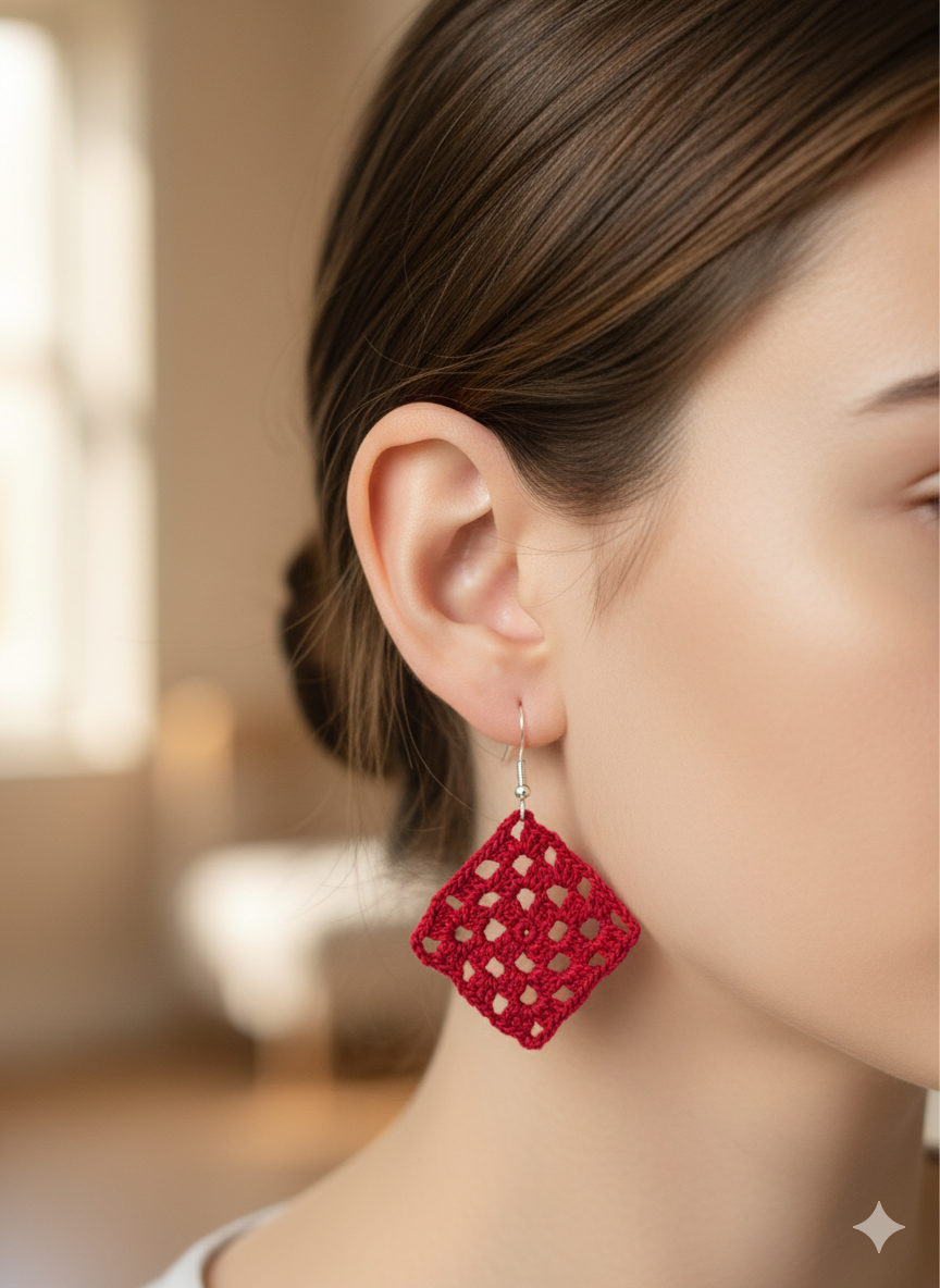Red Diamond Granny Square Crochet Earrings