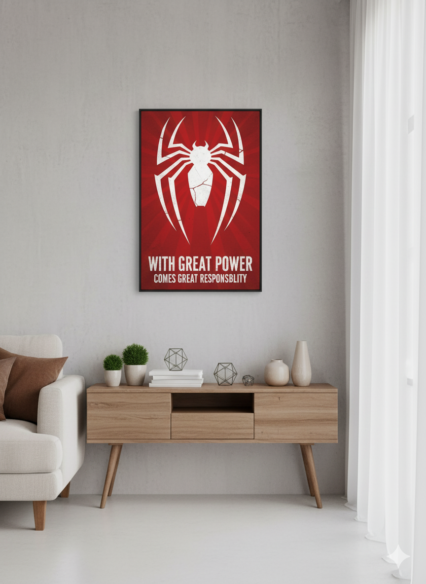 Spider-Man quote poster displayed in a modern bedroom