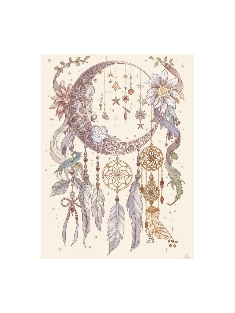 Whimsical Crescent Moon Dreamcatcher | Boho Celestial Art Poster
