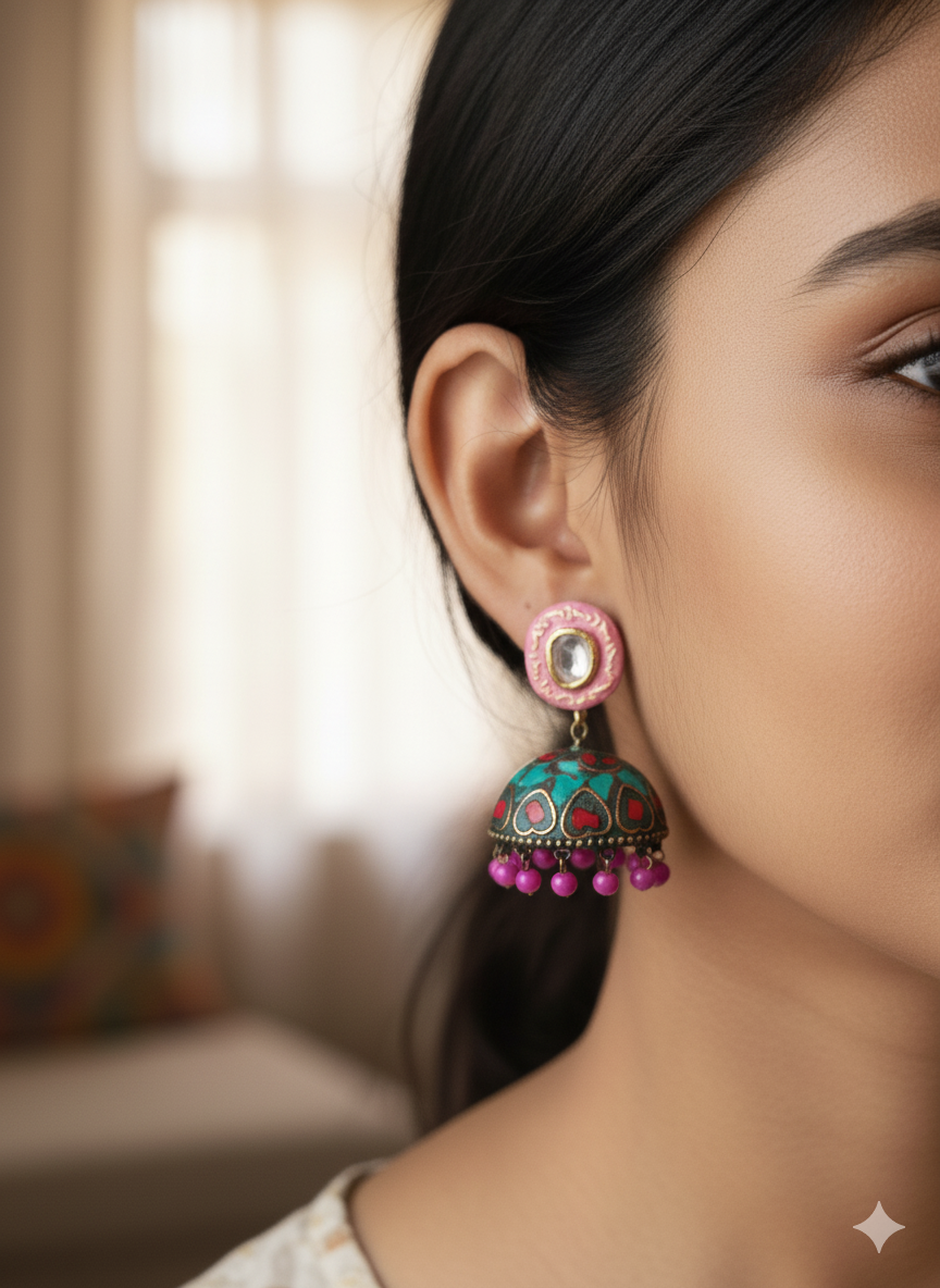 Traditional Meenakari Jhumka Earrings in Pink and Turquoise
