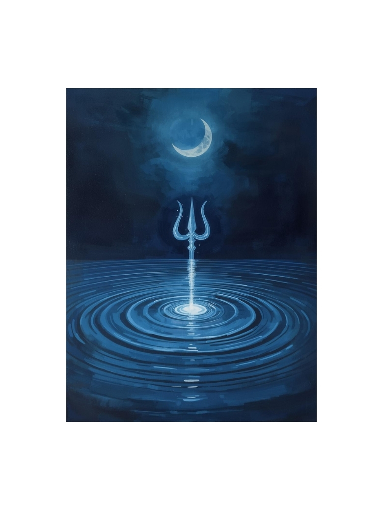 Cosmic Ripple: Mahadev's Trident & Moon Art Print